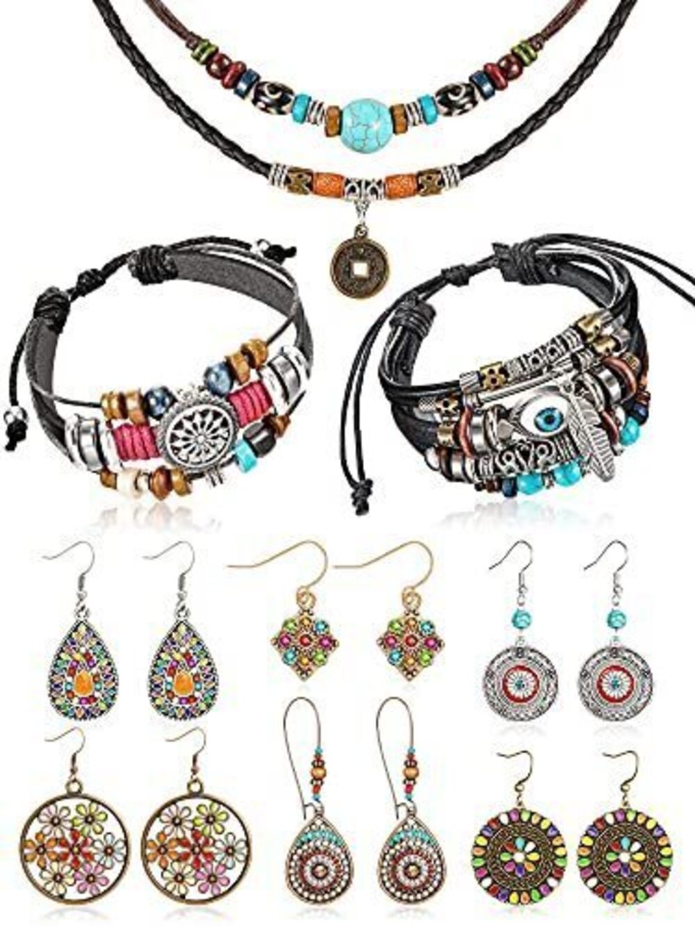 8662 9 Pieces Bohemian Western Jewelry Set Turquoise Vintage Dangle